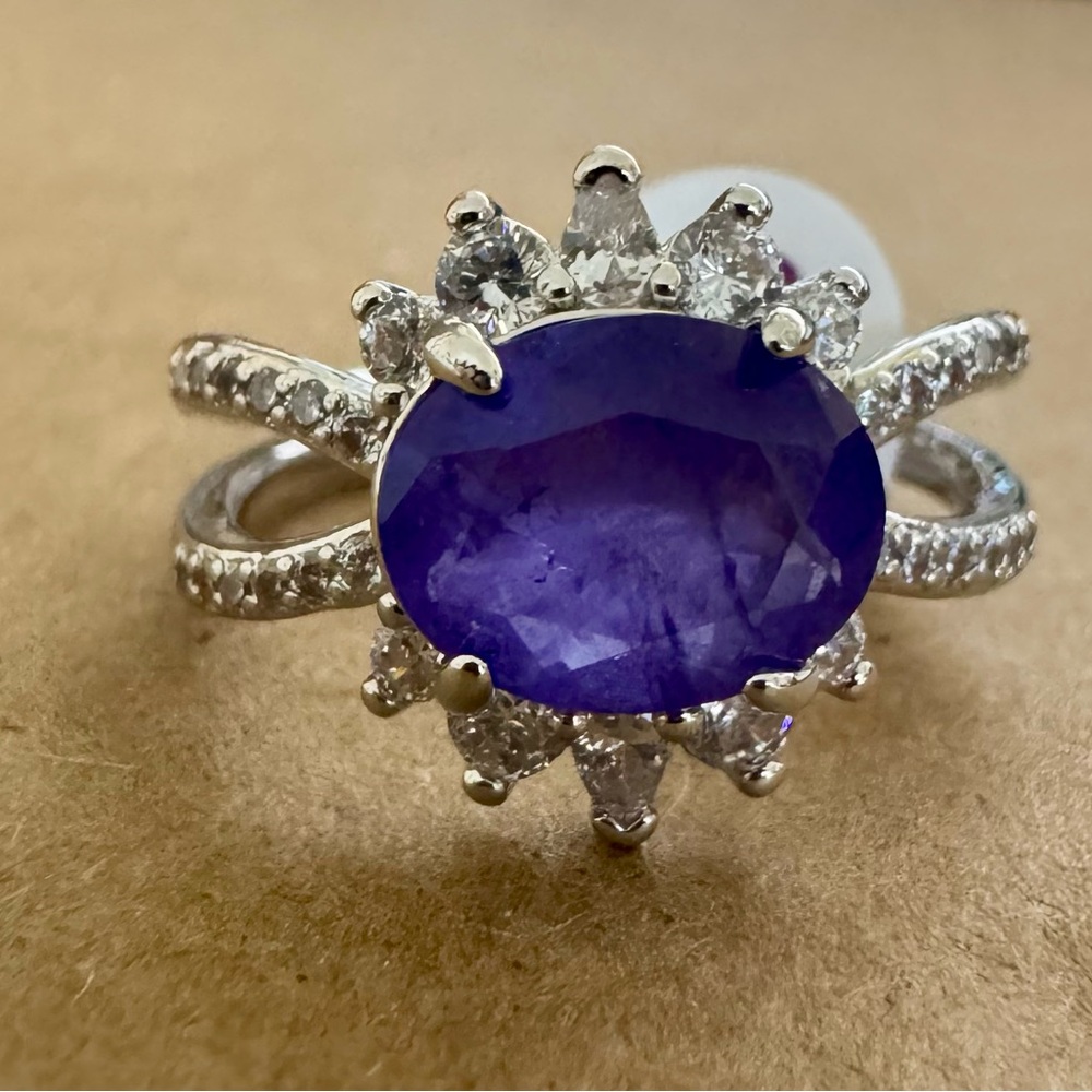 Silver Ring with Oval Purple Gemstone and Halo Accents